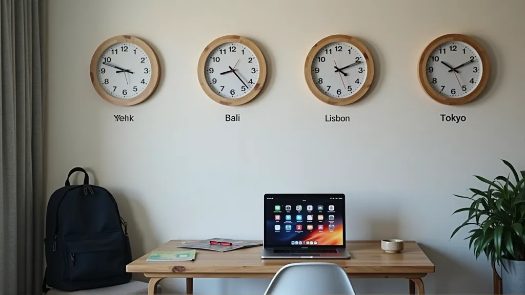 Laptop surrounded by world clocks displaying different time zones, representing productivity planning across locations.