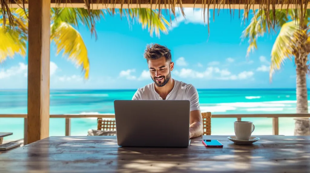 Digital nomad working remotely on a laptop at a tropical location, symbolizing the freedom of remote work.