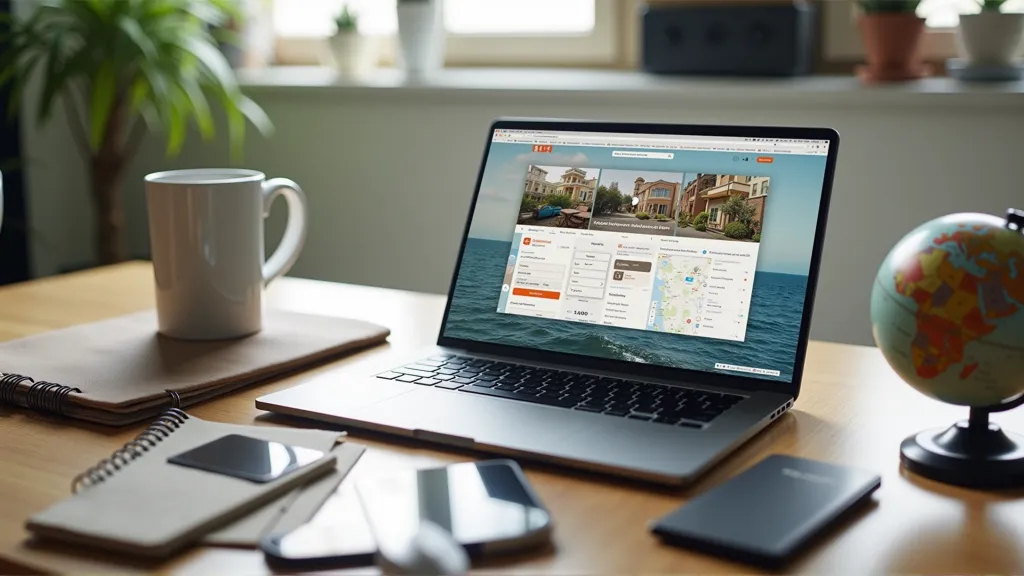 Laptop displaying rental platforms surrounded by tools used by digital nomads to find accommodations. how to find long-term rentals