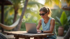 Digital nomad using a laptop in a remote location with digital health icons overlay, symbolizing remote healthcare access.