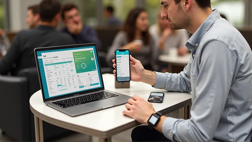 Digital nomad planning daily schedule using Toggl and Calendly on laptop and smartphone. remote work tools for digital nomads