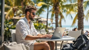 Digital nomad working remotely on a laptop using a VPN for secure internet access while traveling