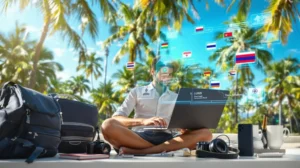 Digital nomad applying for a visa in 2025 while working remotely outdoors, surrounded by essential travel gear and a digital map showing application steps.
