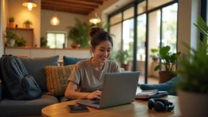 Digital nomad working remotely on laptop in a stylish accommodation with travel essentials nearby