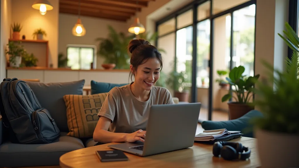 Digital nomad working remotely on laptop in a stylish accommodation with travel essentials nearby