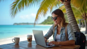 Digital nomad working remotely outdoors while traveling, representing the freedom and risks of a location-independent lifestyle