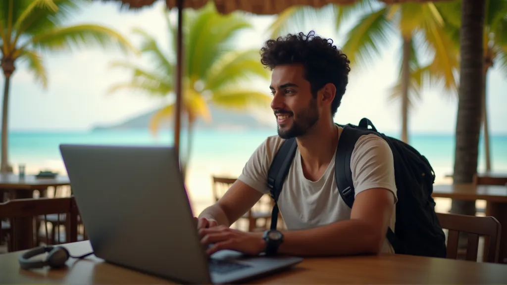 Digital nomad using a laptop while working remotely from a tropical location in 2025.