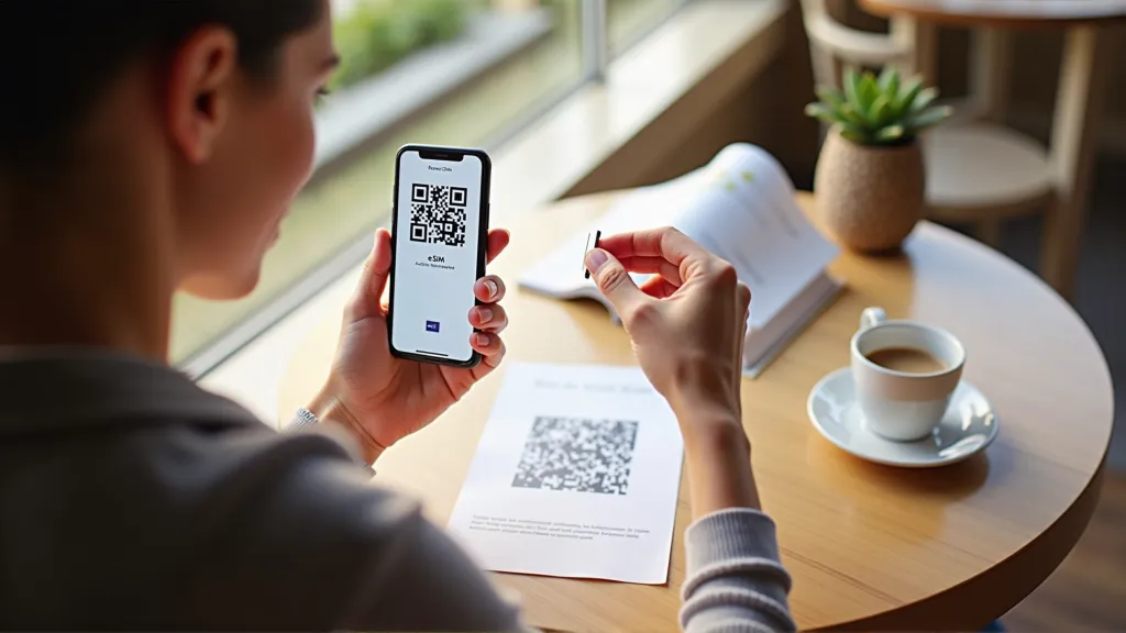 Phone user scanning QR code to activate eSIM plan for international data use