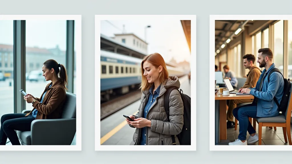 Traveler using smartphone in various international settings like airport and café with uninterrupted internet access
