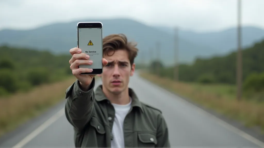 Traveler looking at phone displaying no service message, representing eSIM connectivity challenges
