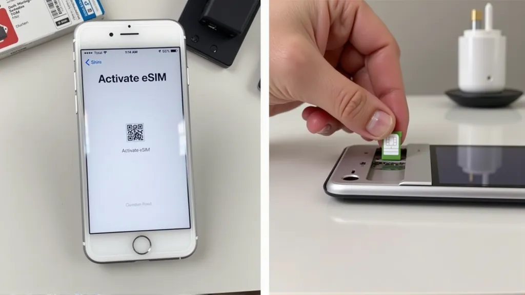 Comparison image of eSIM activation on a phone next to a hand inserting a physical SIM card