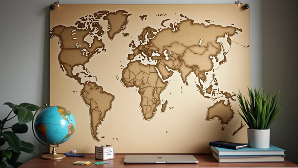 Travel map with pinned project goals aligned to destinations like Bali and Lisbon for digital nomad planning.