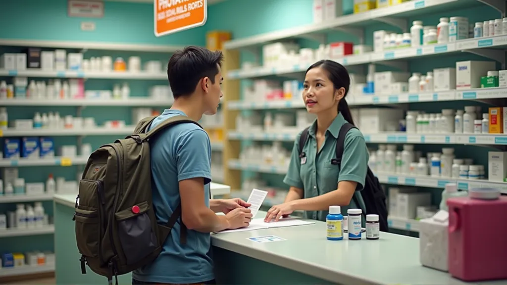 Digital nomad at a foreign pharmacy appearing confused while trying to understand local healthcare services.