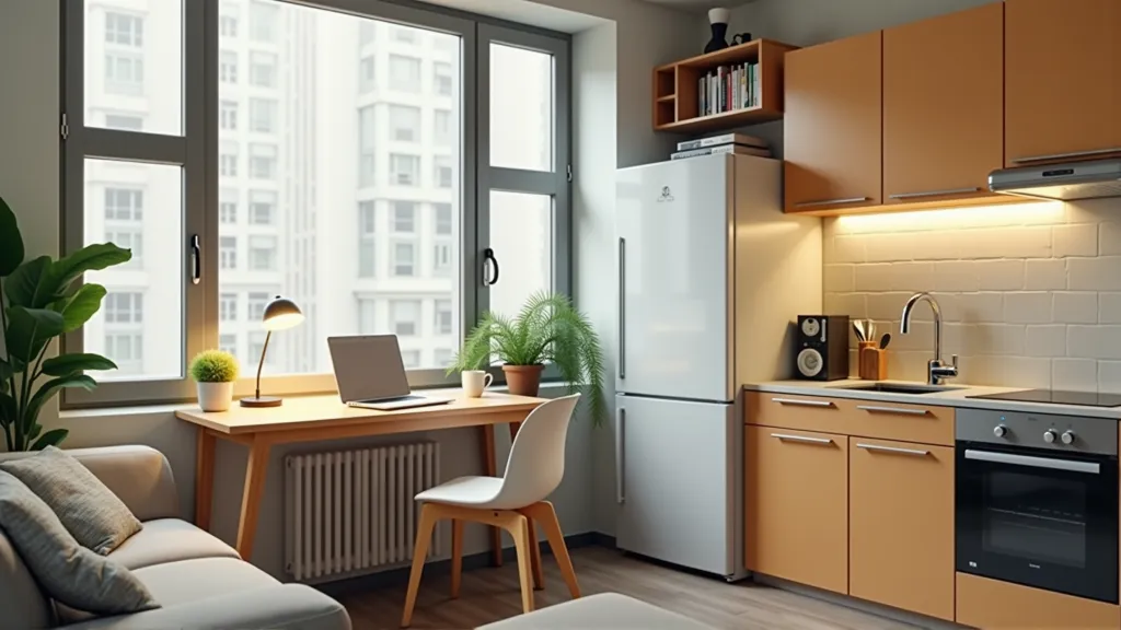 Interior of a digital nomad-friendly apartment featuring workspace, kitchen, and reliable internet setup. how to find long-term rentals