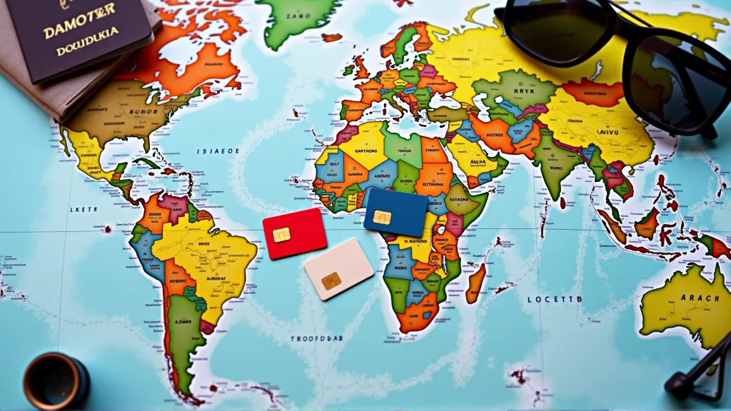 Selection of local SIM cards from multiple countries laid out on a travel map