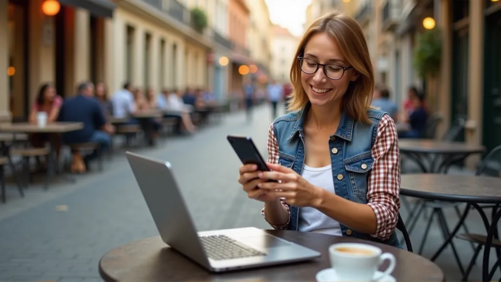Traveler monitoring mobile data usage on a smartphone while sitting at an international café