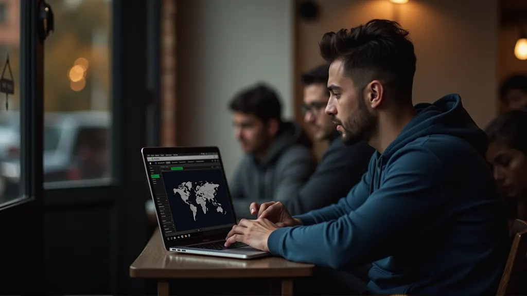 Digital nomad using NordVPN on a public Wi-Fi network in a café for secure internet access. remote work tools for digital nomads