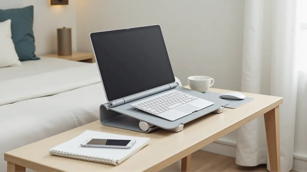 Portable and ergonomic workspace with laptop stand and headphones in a minimalist room.
