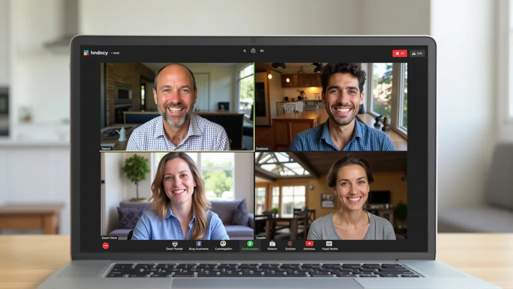 Remote team using Slack and Zoom to collaborate across time zones on laptops and tablets.