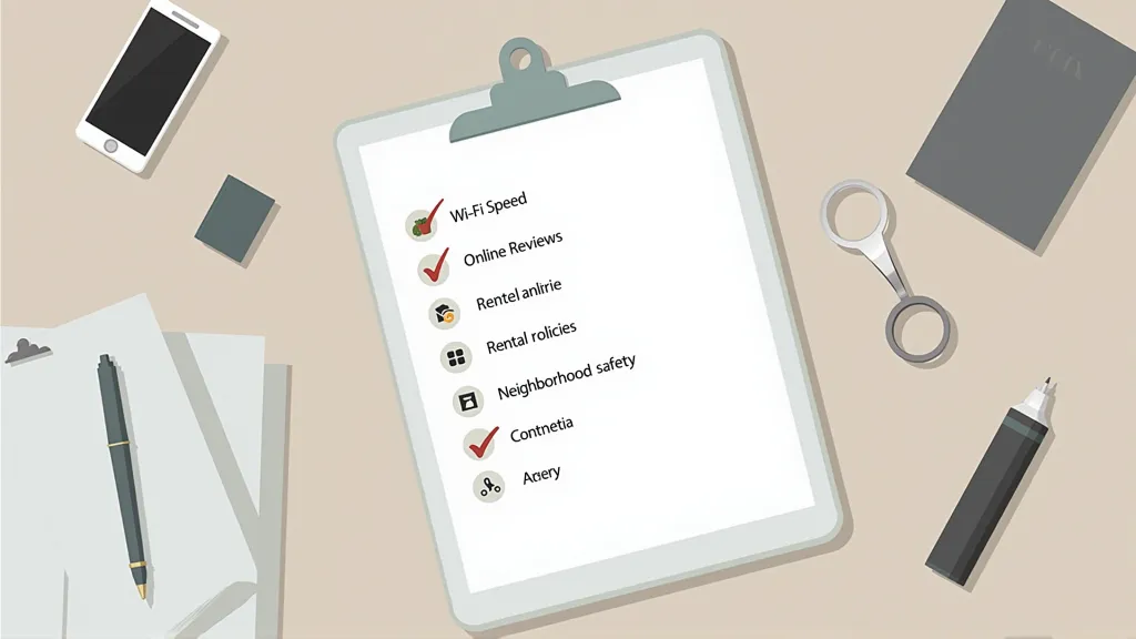 Checklist illustration with icons for Wi-Fi speed, reviews, rental terms, and neighborhood safety. how to find long-term rentals
