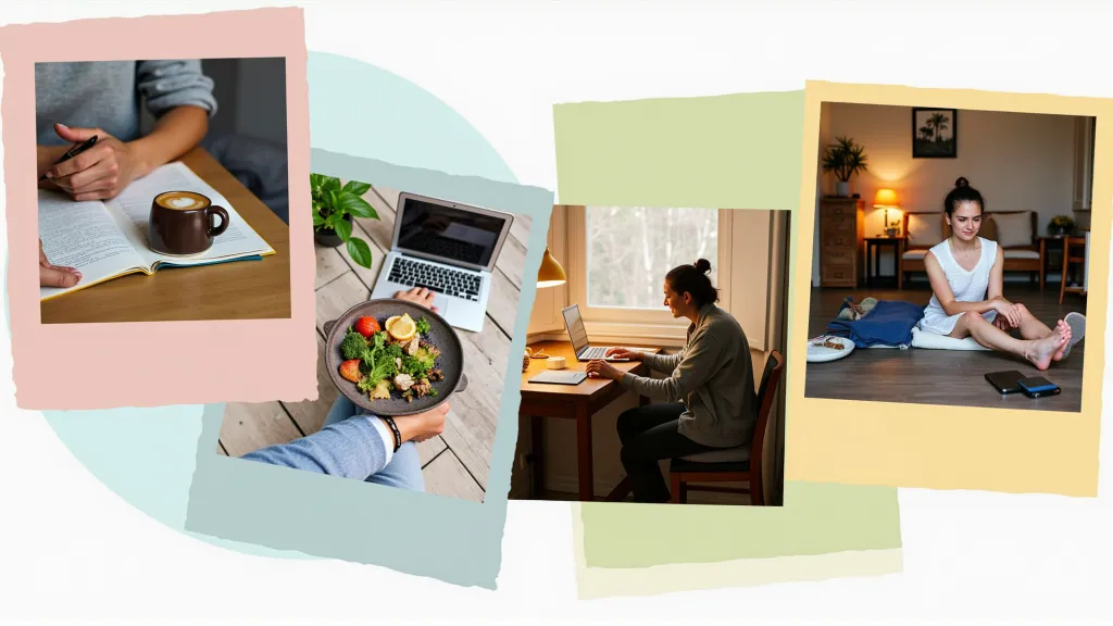 Visual collage of a nomad’s repeatable routine including journaling, lunch break, work sprint, and evening reflection.
