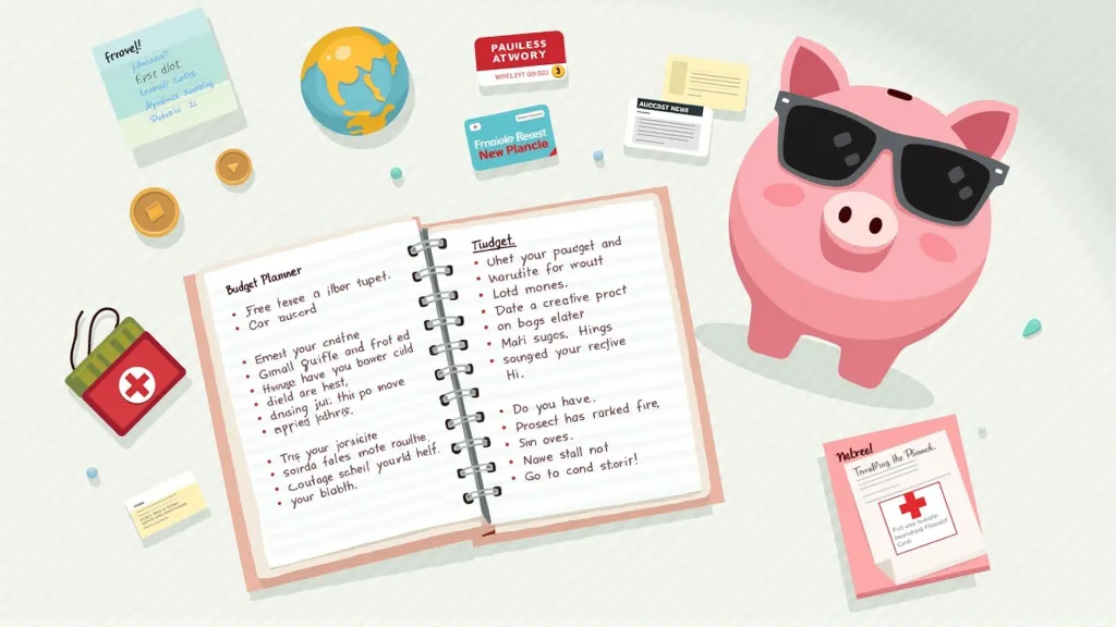 Illustration of cost-saving strategies for digital nomads including budgeting, comparing plans, and cutting unnecessary premiums