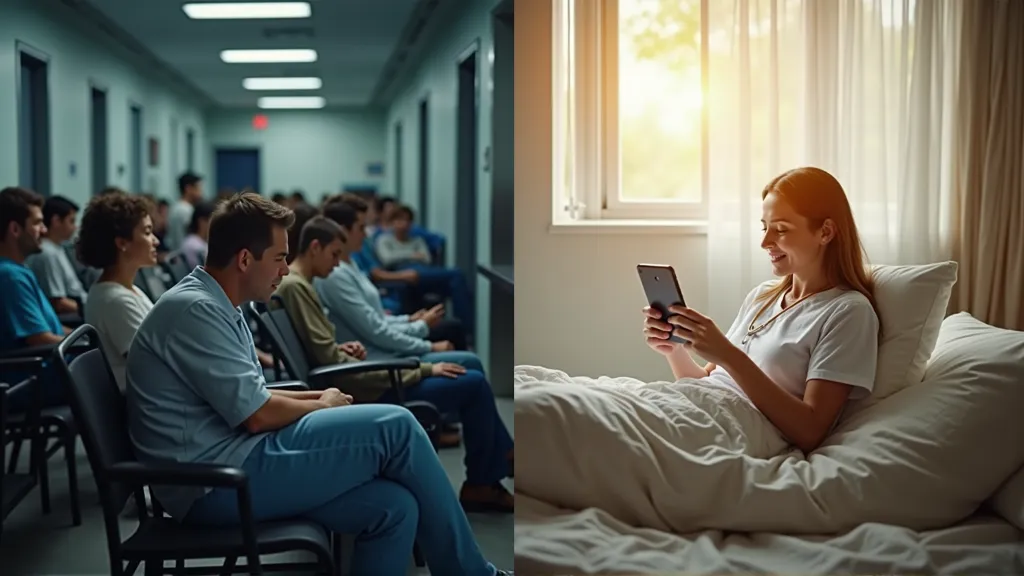 Comparison image showing crowded hospital waiting room versus a traveler receiving remote care through a mobile device.