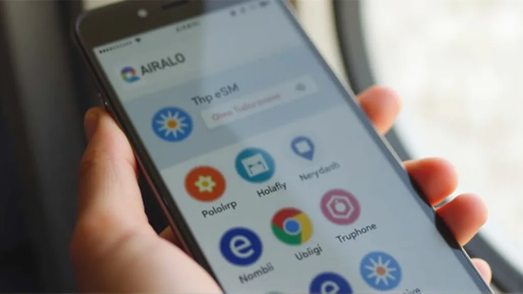 Smartphone displaying home screens of top eSIM provider apps used by international travelers