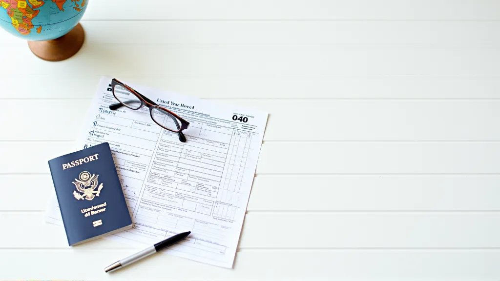 Illustration of a passport, U.S. tax form 1040, and a globe representing global income obligations for digital nomads.