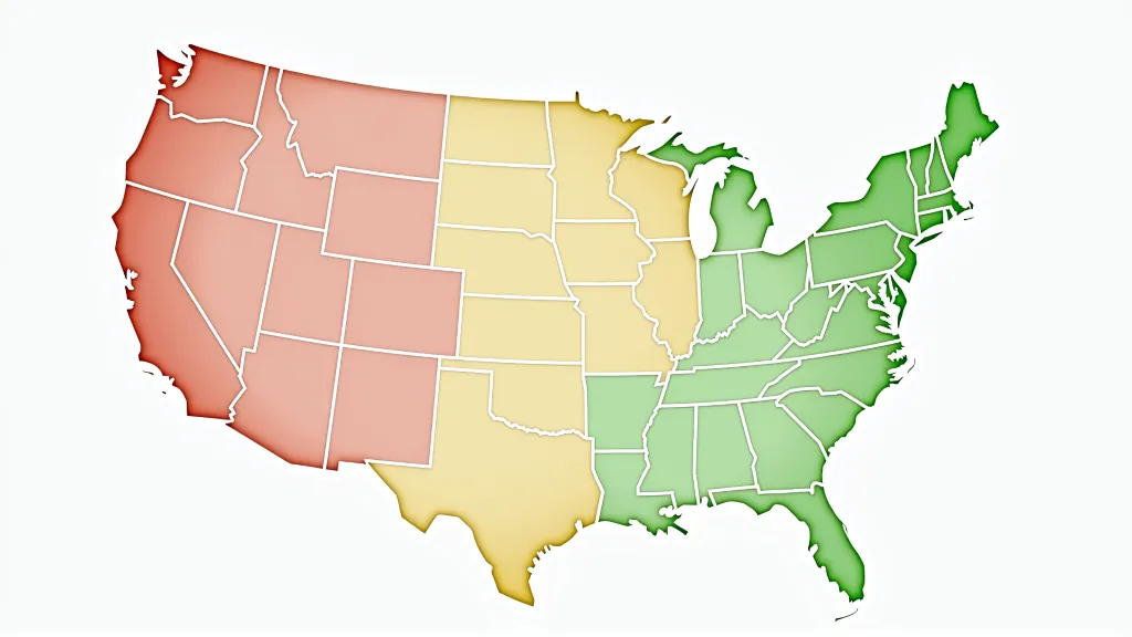 Illustration of the United States showing different state tax rules for digital nomads, with emphasis on high-tax vs. no-tax states. managing your taxes as a digital nomad