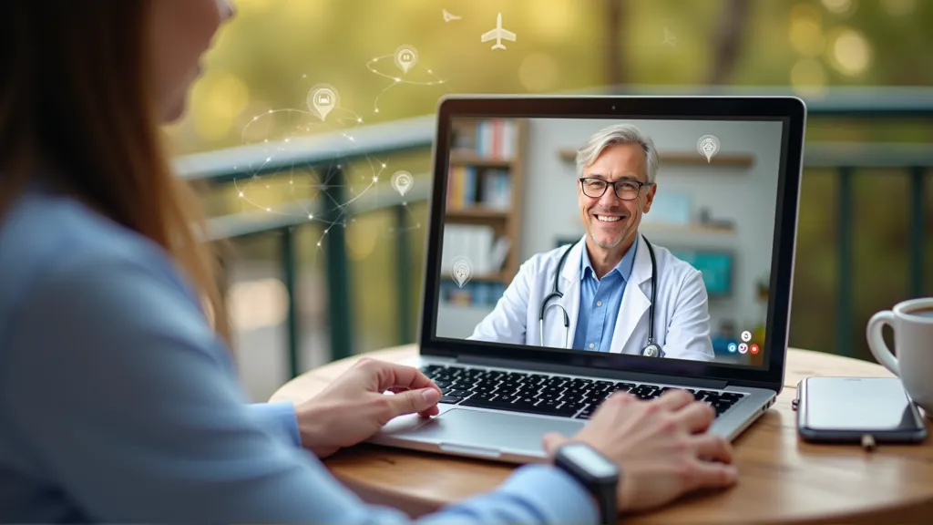 Illustration of a virtual medical consultation on a laptop, highlighting global telehealth accessibility for digital nomads.