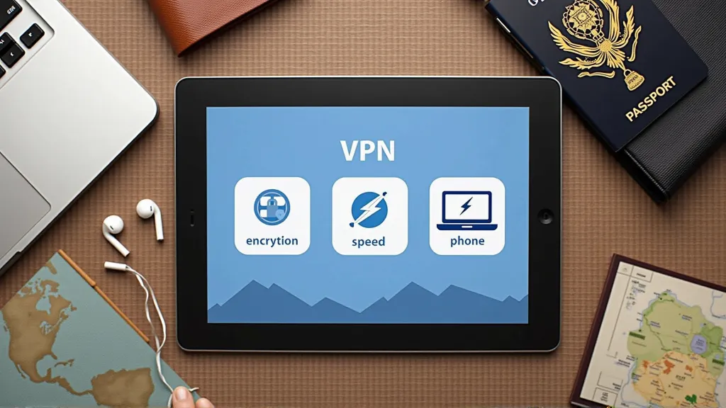 Icons showing VPN features such as encryption, global servers, and cross-device support
