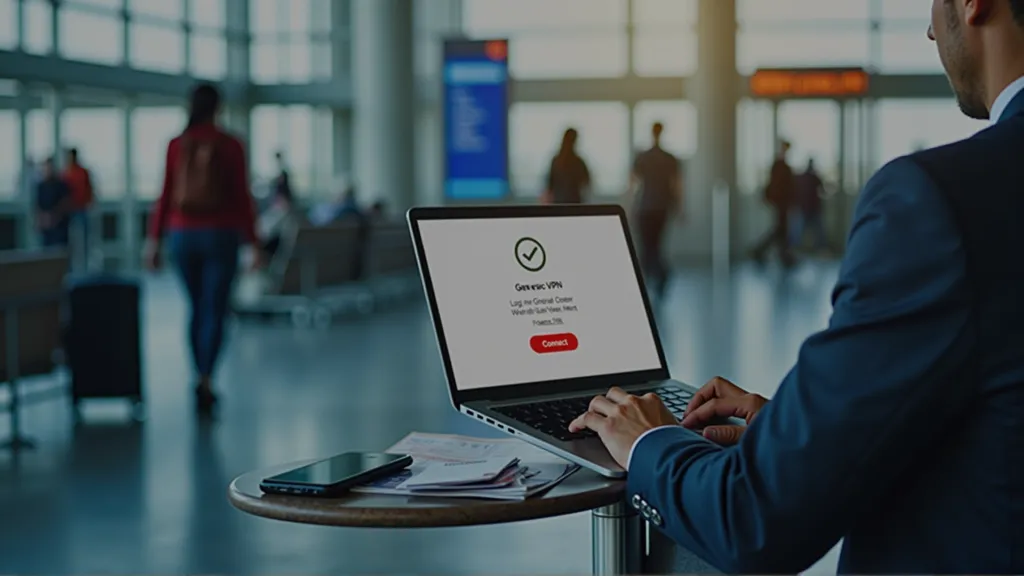 Traveler setting up a VPN on a laptop to secure a public Wi-Fi connection before flying