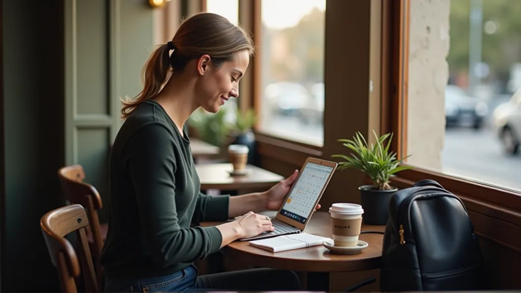 Digital nomad reviewing a weekly schedule on a tablet while working in a cozy café.