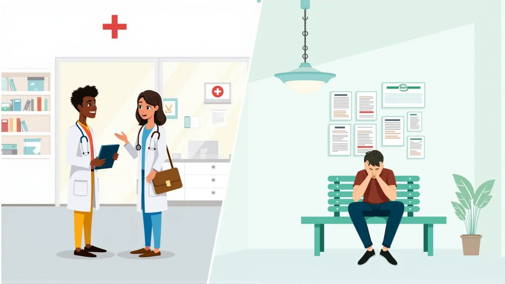 Comparison of a digital nomad with health insurance confidently receiving care abroad versus another facing medical challenges without coverage