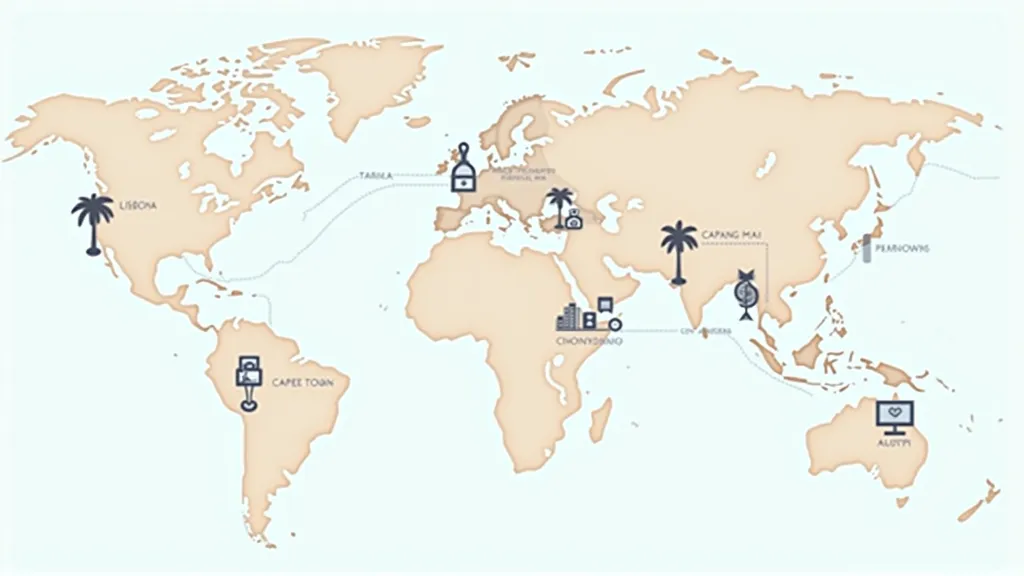 Illustrated world map highlighting 2025’s top digital nomad cities and regions known for events and coworking retreats.