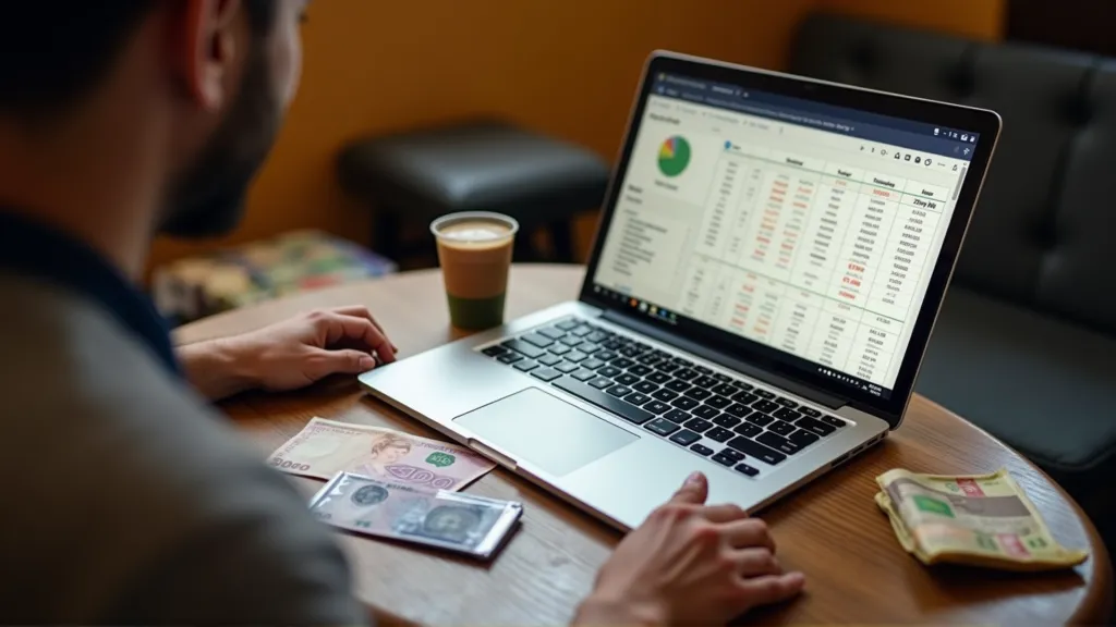 Cost of living tools and receipts shown on a desk with a digital nomad budgeting expenses in a foreign country.