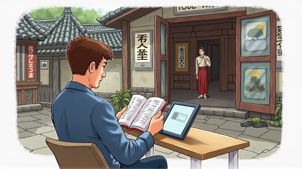 Remote worker exploring local culture and reading etiquette guidelines while traveling abroad