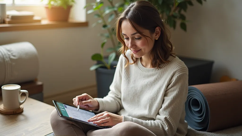Digital nomad’s daily schedule shown on a digital planner with coffee and workspace in view
