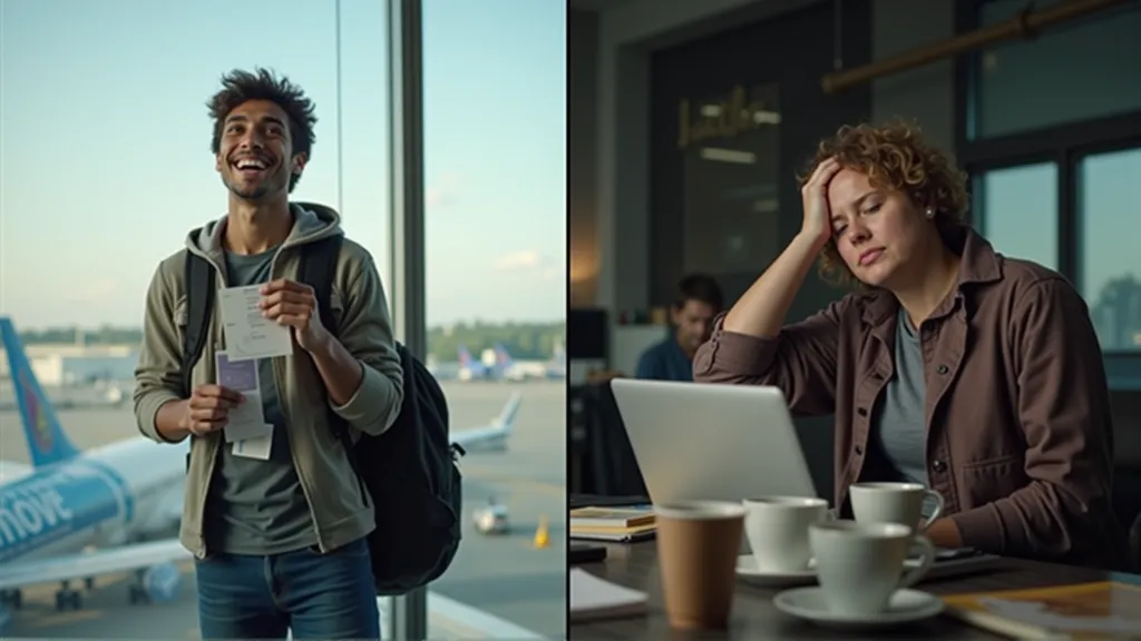Visual contrast of an energized traveler versus a burnt-out remote worker, highlighting the emotional duality of the digital nomad lifestyle.
