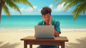 Digital nomad working on a laptop at a tropical beach, looking fatigued, symbolizing burnout despite a picturesque travel lifestyle.