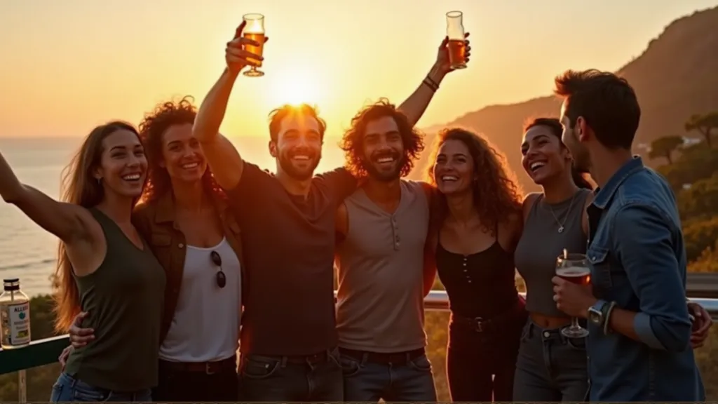 Community of digital nomads celebrating together at a sunset event, capturing the spirit of connection and adventure in 2025.