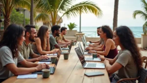 Group of diverse digital nomads working together on laptops at an outdoor coworking space, representing community and remote work lifestyle