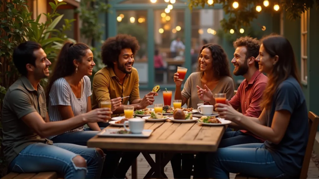 Friendly in-person meetup of digital nomads sharing a meal or drinks at a coworking event