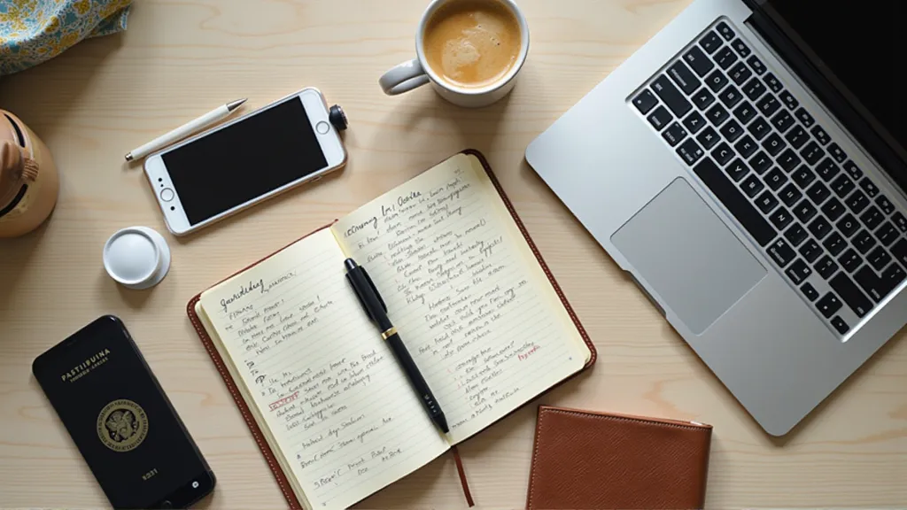 Flat lay of a digital nomad’s morning routine tools including a journal, coffee, and laptop, symbolizing daily structure and mindfulness. Preventing Burnout on the Road