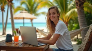 Digital nomad working remotely on a laptop in a scenic location, representing freedom and flexibility of remote work lifestyle.