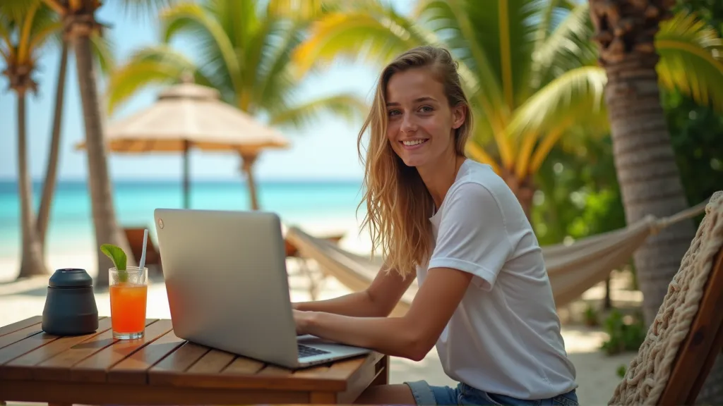 Digital nomad working remotely on a laptop in a scenic location, representing freedom and flexibility of remote work lifestyle.