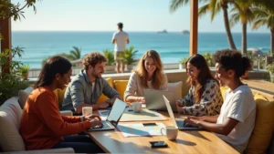 Digital nomads working remotely from a scenic coworking space in 2025, representing the global remote work lifestyle.