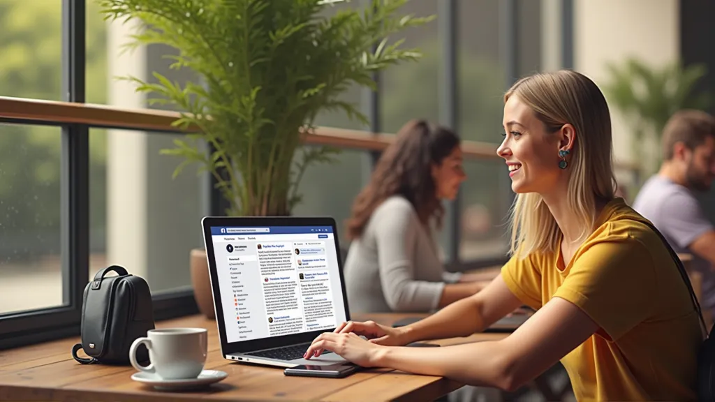 Digital nomad participating in a Facebook group discussion on a laptop, engaging with posts and comments from a global community