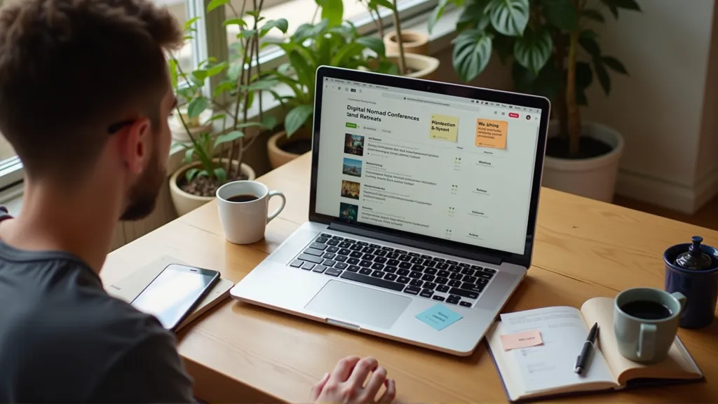 Remote worker comparing digital nomad events on a laptop screen, evaluating value, focus, and duration for 2025.